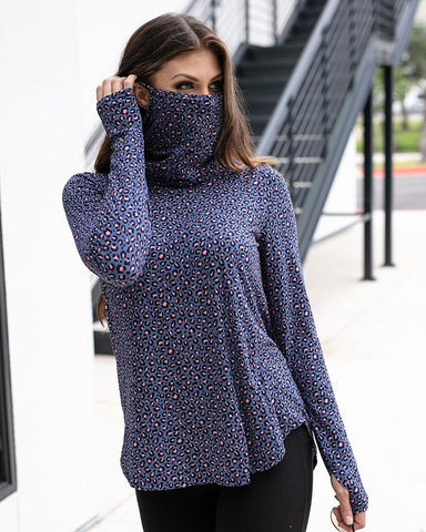 Cover up cowl neck top in steel blue leopard