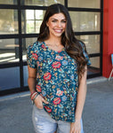 Perfect v-neck tee in teal floral (Heavy Gauge)