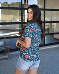 Perfect v-neck tee in teal floral (Heavy Gauge)
